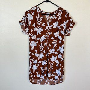 A New Day Dress Womens Small Brown Floral Print Cap Sleeves Hi-Low Knee Length